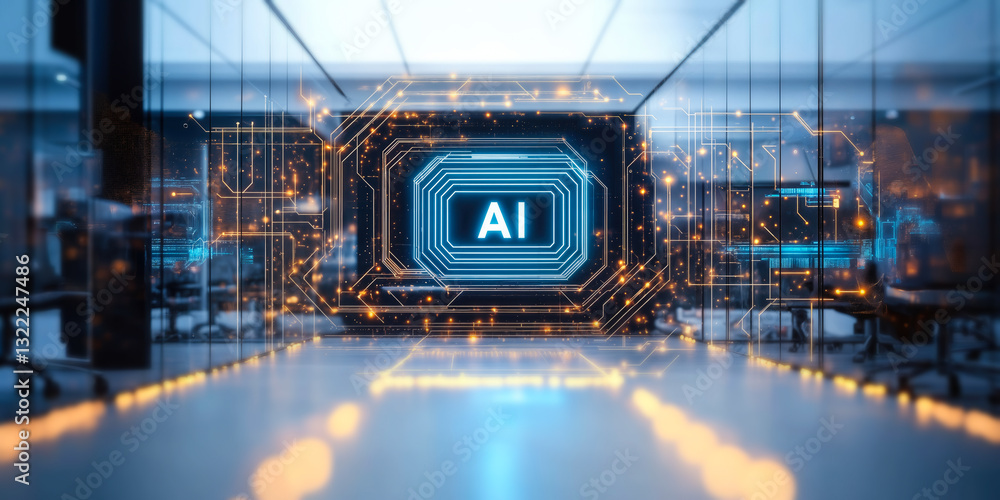 Poster futuristic ai technology concept with digital circuit overlay in modern office workspace environment