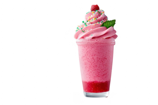 Delicious pink raspberry milkshake topped with whipped cream, a raspberry, and mint on a transparent background