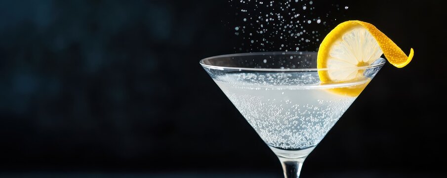 World cocktail day with beverage and glass idea. Refreshing cocktail with lemon slice and bubbles. - Powered by Adobe