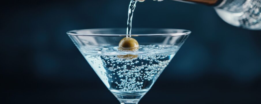 World cocktail day with beverage and glass idea. Refreshing cocktail being poured into a glass with bubbles.