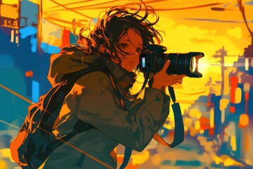 A Photographer Is Taking A Picture Outdoors During Sunset