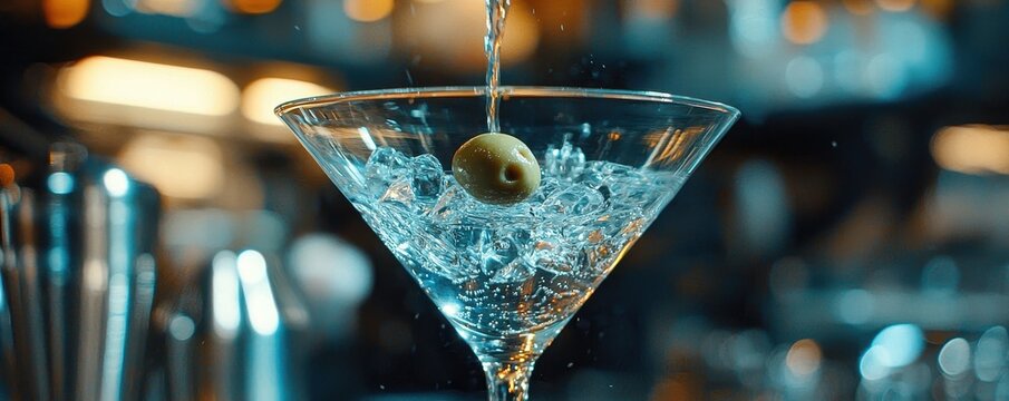 World cocktail day with beverage and glass idea. Refreshing cocktail being poured into a glass.