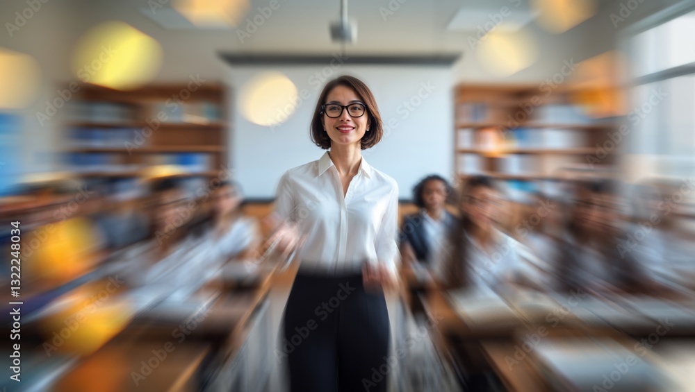 Poster engaging teacher leads an interactive classroom session with attentive students in a modern learning