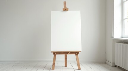 Blank Canvas on Wooden Easel in Bright, Minimalistic Art Studio Ready for Creation