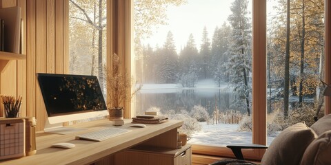 A modern workstation with a snowy picturesque scenic window view