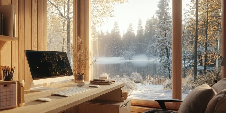 A modern workstation with a snowy picturesque scenic window view