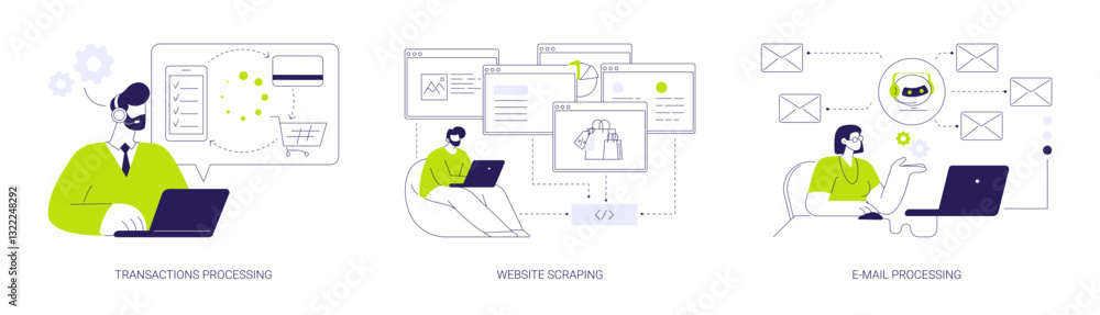 Sticker business processes automation abstract concept vector illustrations.