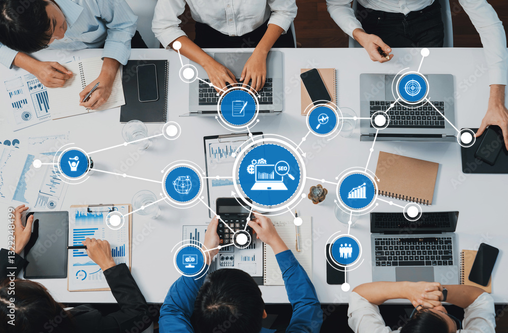 Poster a dynamic business team collaborates in a modern office setting, utilizing technology and data analy