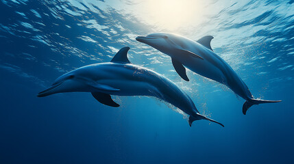 In warm summer seas, dolphins swim gracefully beneath the sun, showcasing their playful nature and vibrant energy. The clear blue waters enhance their lively movements