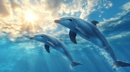 Two dolphins gracefully swim in the clear blue sea, enjoying the warmth of the summer sun. The colorful sky and sparkling water enhance their playful movements and joyful energy