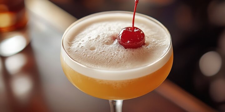 World cocktail day with beverage and glass idea. Cocktail with cherry garnish and frothy top. - Powered by Adobe