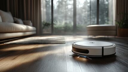 Obraz premium A white robot vacuum cleaner maneuvers across laminate wood flooring in a sunlit living room surrounded by large windows. The space features contemporary furnishings