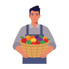 Farmer holding a basket full of colorful fruits in flat vector art