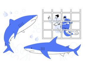 Diving with sharks isolated cartoon vector illustrations.