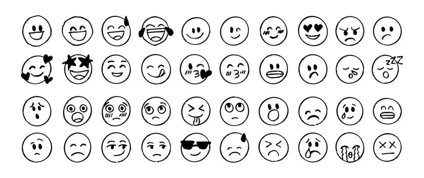 Naklejki Doodle Emoji face icon set. Hand drawn sketch style. Emoji with different emotion mood, happy, sad, smile face. Comic line art vector illustration.