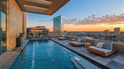 Fototapeta premium Rooftop pool overlooking city sunset