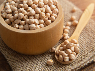 Close-up of a bowl filled with raw chickpeas surrounded by scattered legumes and a wooden spoon