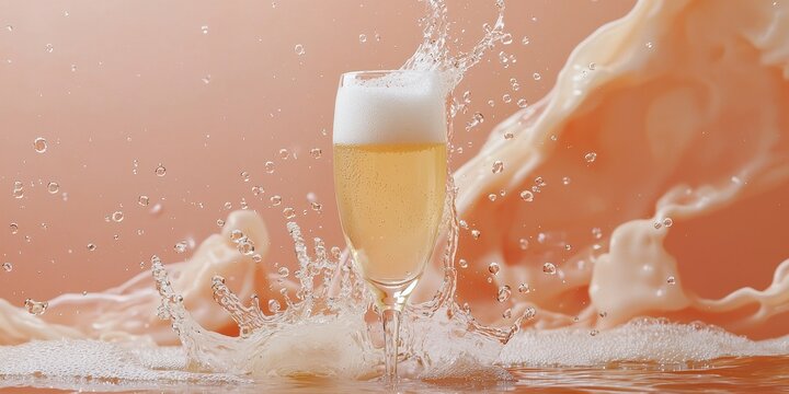 World cocktail day with beverage and glass idea. Refreshing champagne with foam splashing against a soft background.