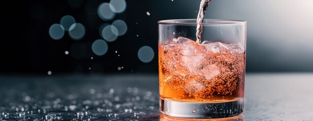 World cocktail day with beverage and glass idea. Refreshing cocktail drink being poured into a glass with ice.