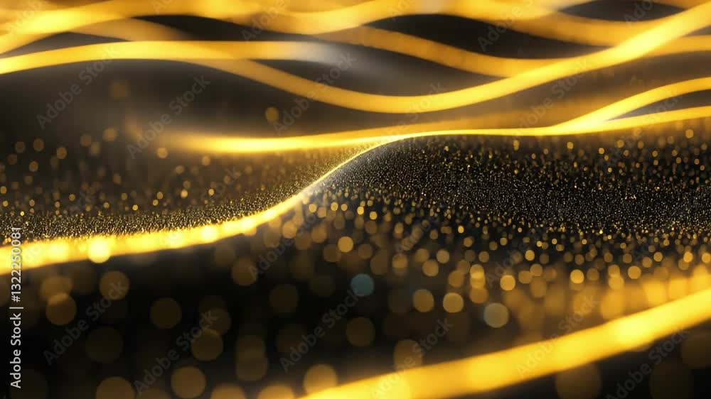 Poster mesmerizing abstract vdo features flowing golden waves and shimmering particles, creating sense of m