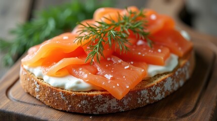 Delicious Open-Faced Sandwich Topped With Smoked Salmon and Fresh Herbs on Wooden Board