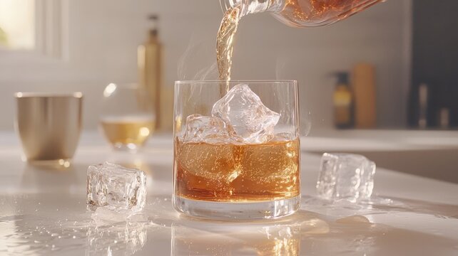 World cocktail day with beverage and glass idea. Pouring a cocktail drink over ice in a glass on a countertop.