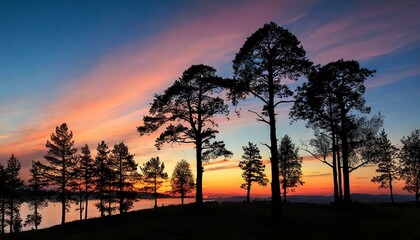 Silhouette of trees against a colorful sunset