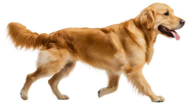 Adorable Full Body Portrait of a Happy Male Golden Retriever Walking with Leash in Studio Background isolated