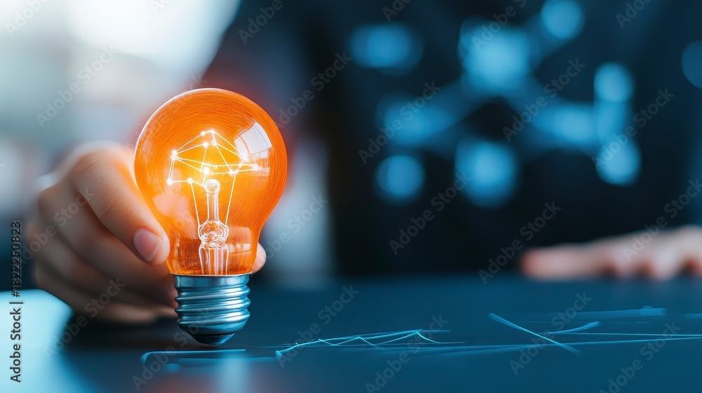 Poster a hand gently holds a glowing orange lightbulb on a dark surface with subtle network graphics. the i