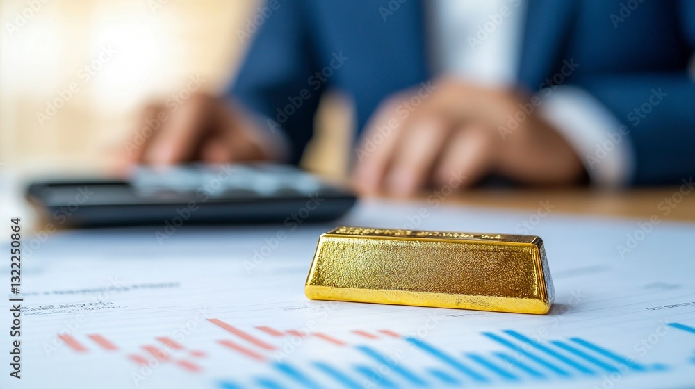 Aufkleber gold bar on financial documents with blurred businessman in background. close up view of a shiny gol