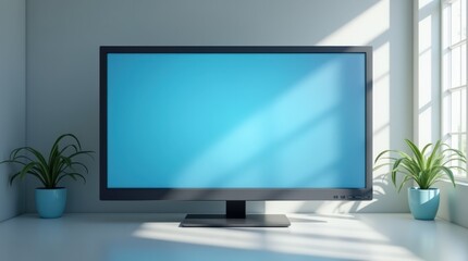 Fototapeta premium Bright Workspace With a Large Blank Screen and Potted Plants Illuminated by Natural Light