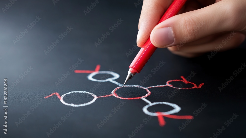 Poster close up of a hand drawing a network diagram with red and white chalk on a black background. the ima