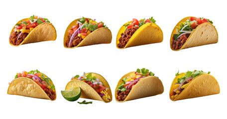 Assorted Tacos on a Wooden Table with Fresh Ingredients and Lime, PNG bundle collection, Isolated on Transparent Background