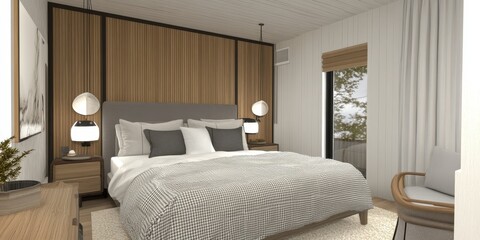 A modern bedroom design featuring elegant furniture and decor
