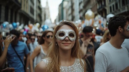 Sparkling eyes behind a sequined mask at a lively street festival, capturing a moment of joy and anonymity in a vibrant crowd.