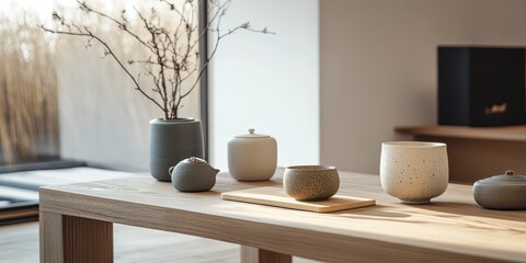 A serene table setting with simple ceramic pieces and branches