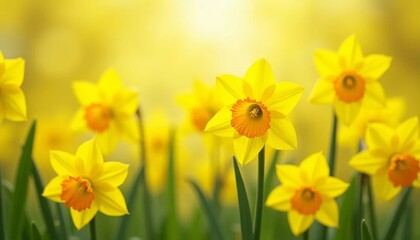Obraz premium Yellow daffodils blooming in the garden, spring nature background with copy space for text