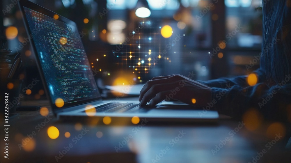 Poster software developer immersed in source code on a laptop in a modern office at night, surrounded by a 