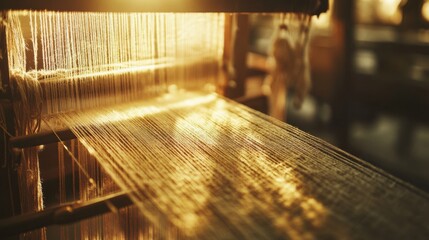 In soft evening light, threads on a loom glow with warmth, capturing the gentle passage of time in their delicate arrangement.
