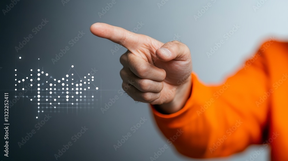 Aufkleber close up of a hand in an orange sweatshirt pointing towards a digital grid pattern on a gray backgro
