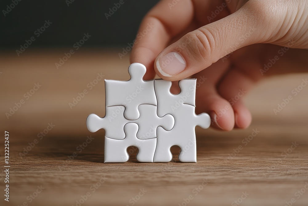 Poster close up view of a hand placing two white puzzle pieces together on a rustic wooden surface. the ima