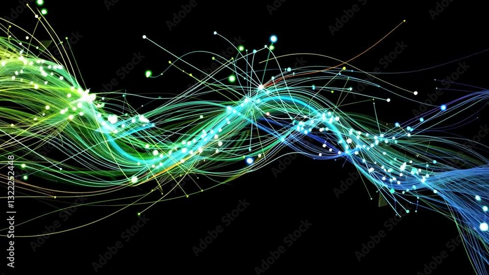 Poster dynamic and colorful abstract digital wave pattern with flowing lines and glowing particles creating