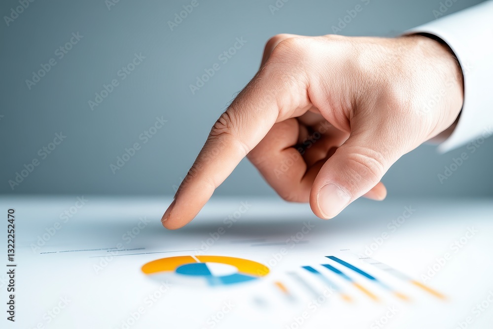 Aufkleber close up of a hand pointing at a financial chart with pie and bar graphs, neutral background. charts