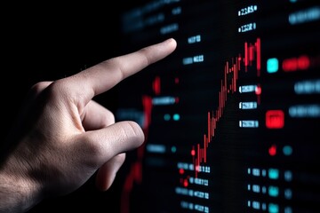 Close up of a hand pointing at a computer screen displaying a dynamic red and black stock market graph. The image conveys a sense of urgency and