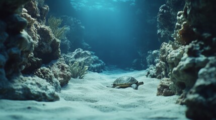 Fototapeta premium A solitary sea turtle gracefully glides along the ocean floor, surrounded by thriving marine life in tranquil blues.