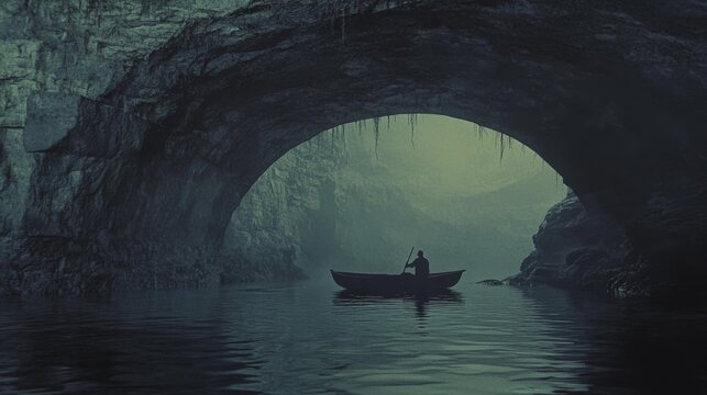 A lone rowboat navigates under a mystical, arched cavern entrance, shrouded in dim light, suggesting mystery and exploration.