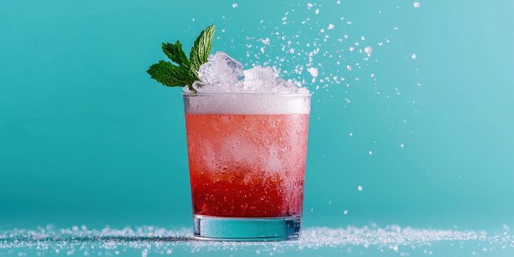 World cocktail day with beverage and glass idea. Refreshing cocktail with mint and ice against a bright background.