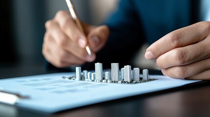 Close up of hands arranging miniature cityscape models on a document, a pencil in one hand, suggesting urban planning or real estate analysis