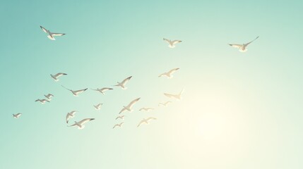 A flock of seagulls soaring against a pale blue sky, conveying freedom and grace in a serene open expanse.