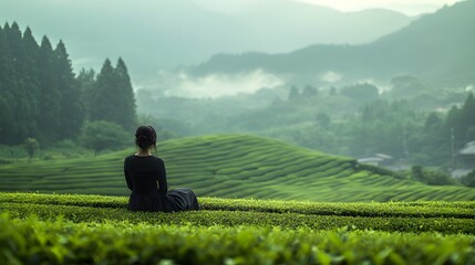 Fototapeta premium Zen Moment in Tea Field: A person finds serenity while sitting in a sprawling green tea plantation, gazing at the rolling hills shrouded in a gentle morning mist.